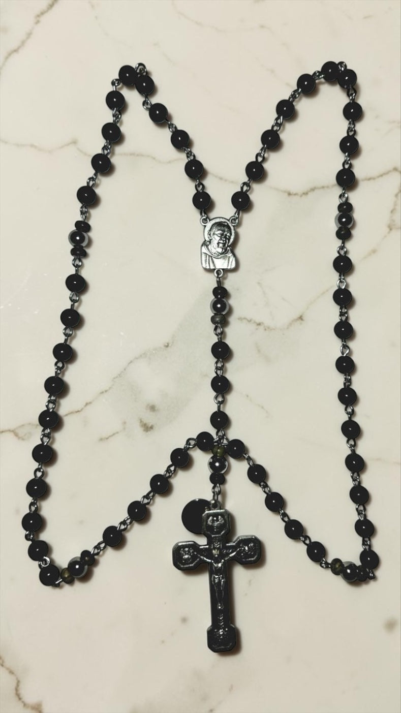 Black stainless steel bead Rosary with silver-tone Padre Pio centerpiece and dark crucifix