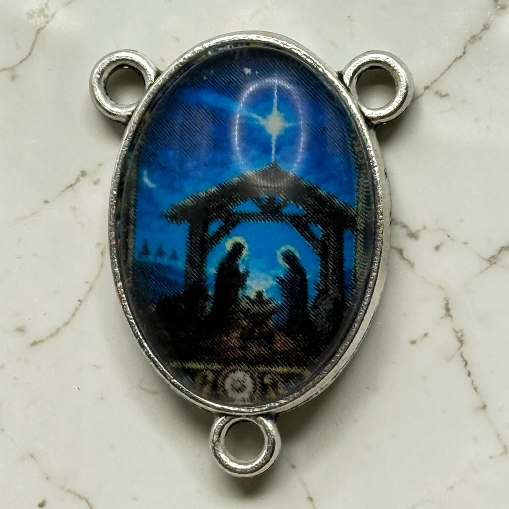 Blue Nativity Holy Family glass cabochon rosary centerpiece front view