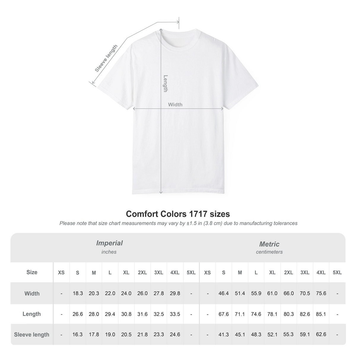 Comfort Colors 1717 T-shirt size chart with width, length, and sleeve measurements