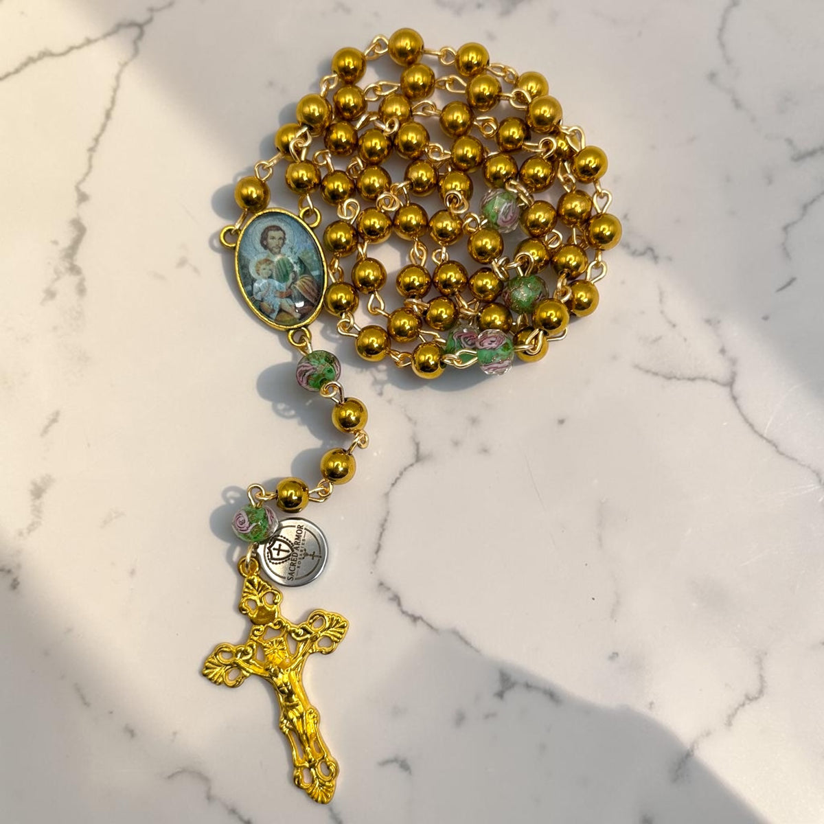 Gold Saint Joseph rosary arranged view