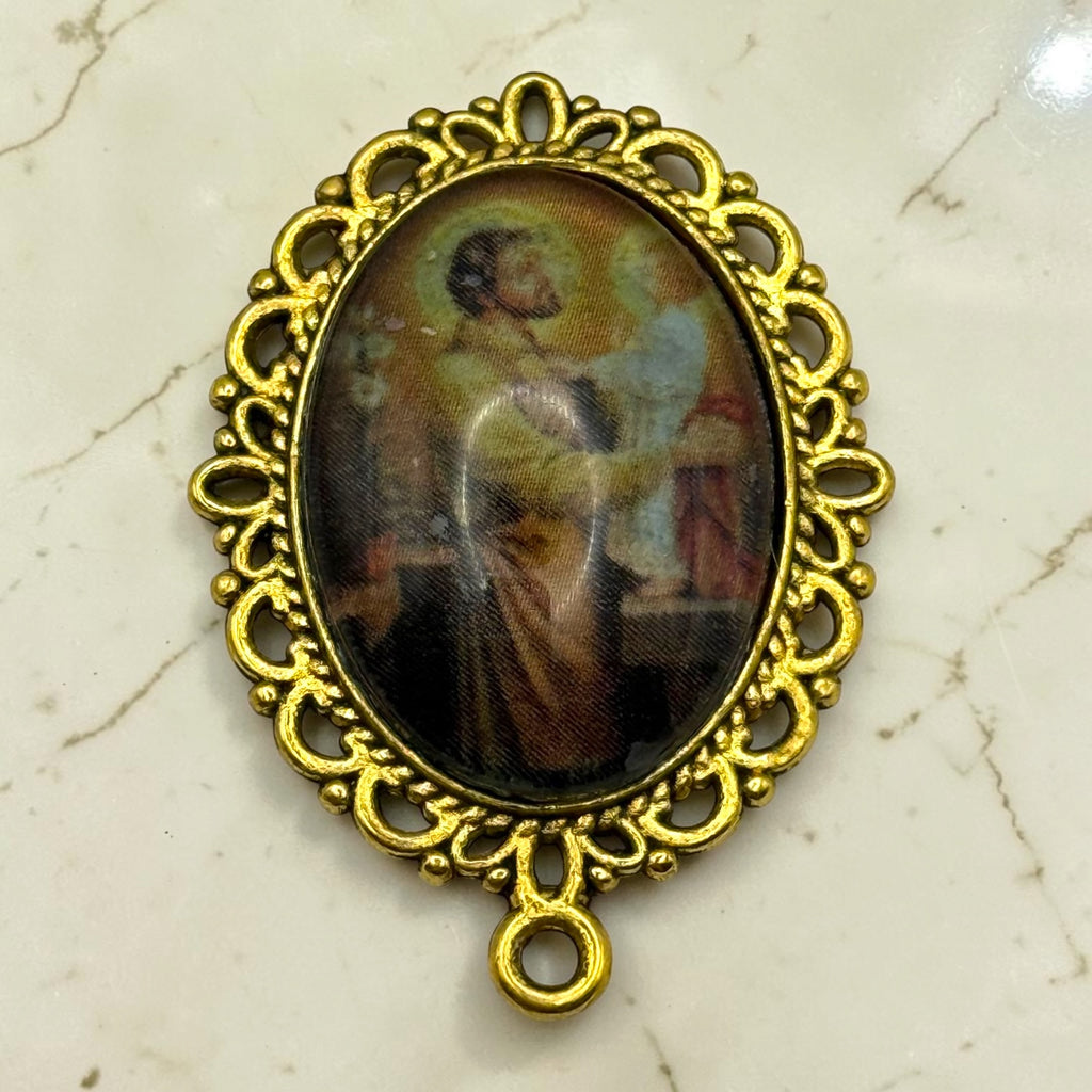 Gold St. Joseph and Child Jesus glass cabochon rosary centerpiece front view