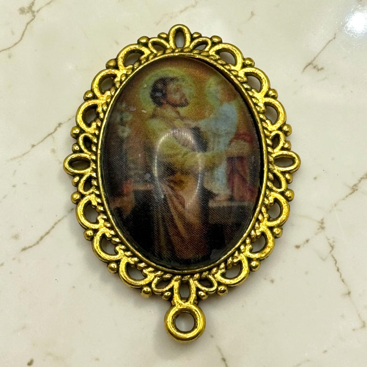 Gold St. Joseph and Child Jesus glass cabochon rosary centerpiece front view
