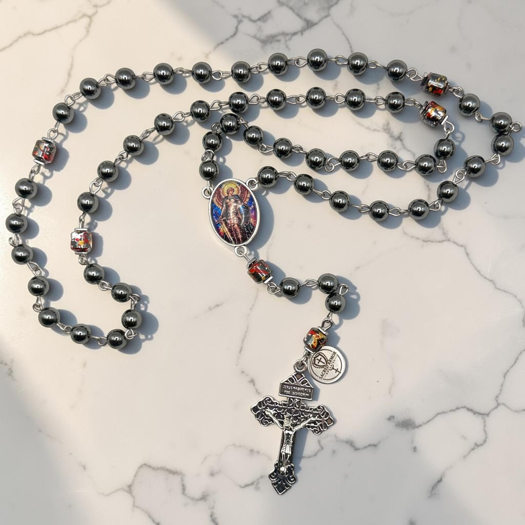 Hematite Saint Michael rosary arranged view