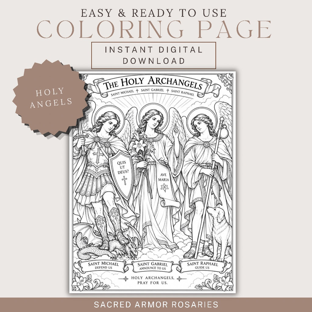Holy Archangels printable Catholic coloring page digital download featuring Saint Michael Saint Gabriel and Saint Raphael