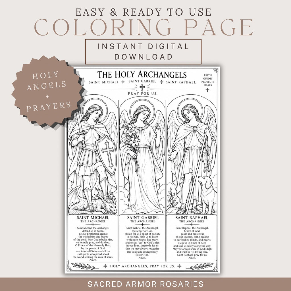 Holy Archangels prayers printable Catholic coloring page featuring Saint Michael Saint Gabriel and Saint Raphael