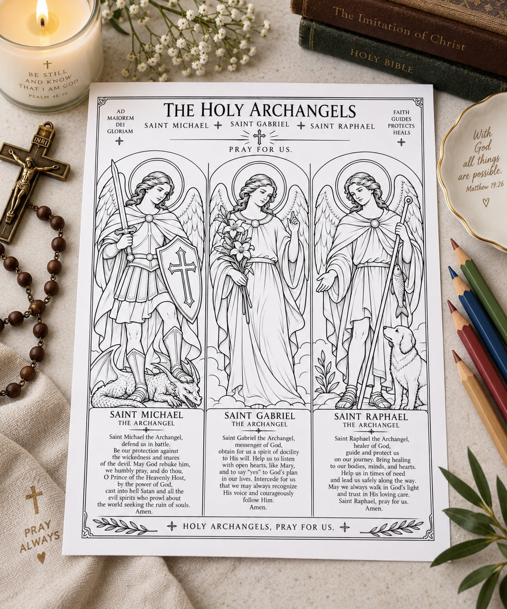 Holy Archangels prayers coloring page printable mockup