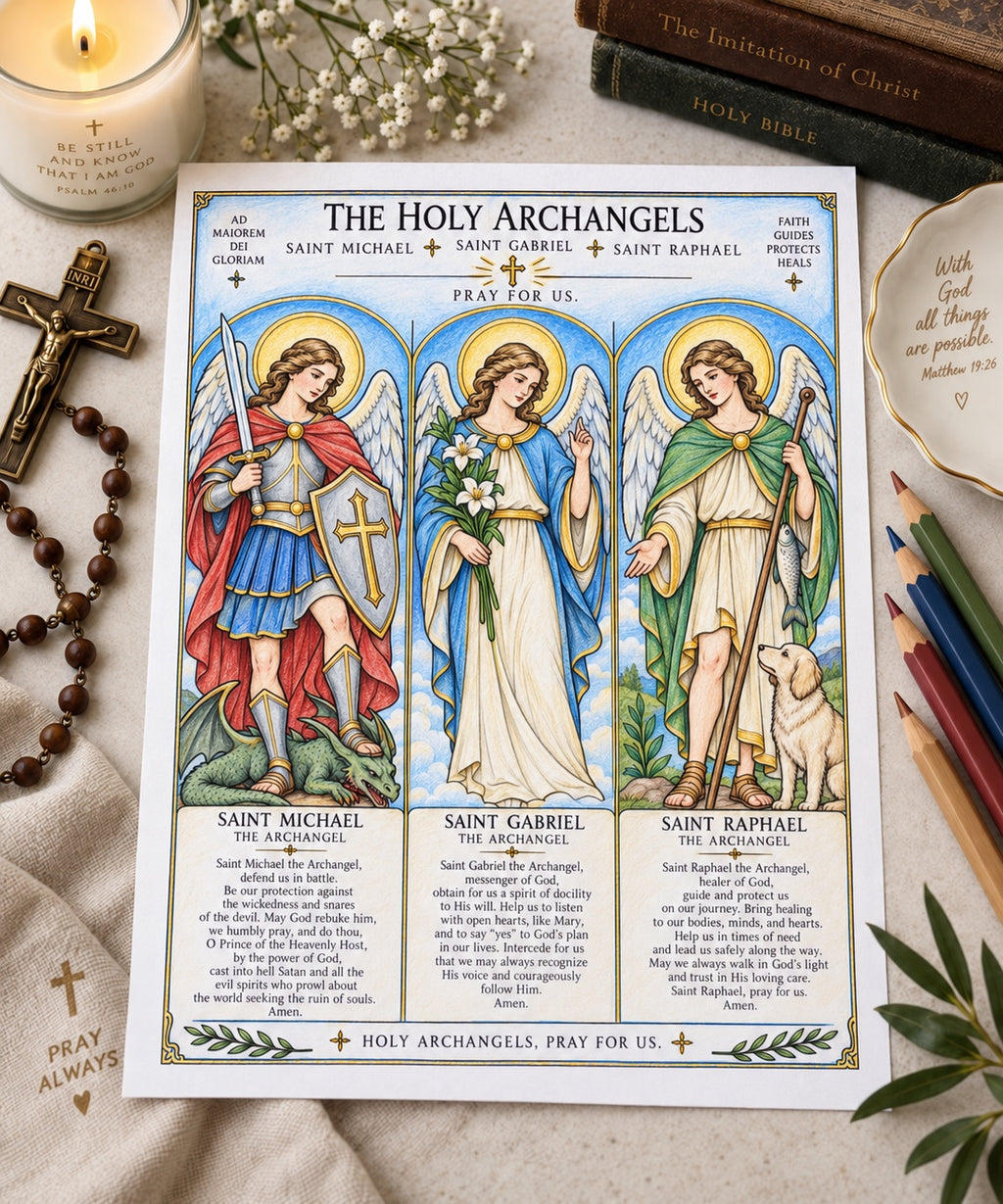 Colored Holy Archangels prayers coloring page example featuring Saint Michael Saint Gabriel and Saint Raphael