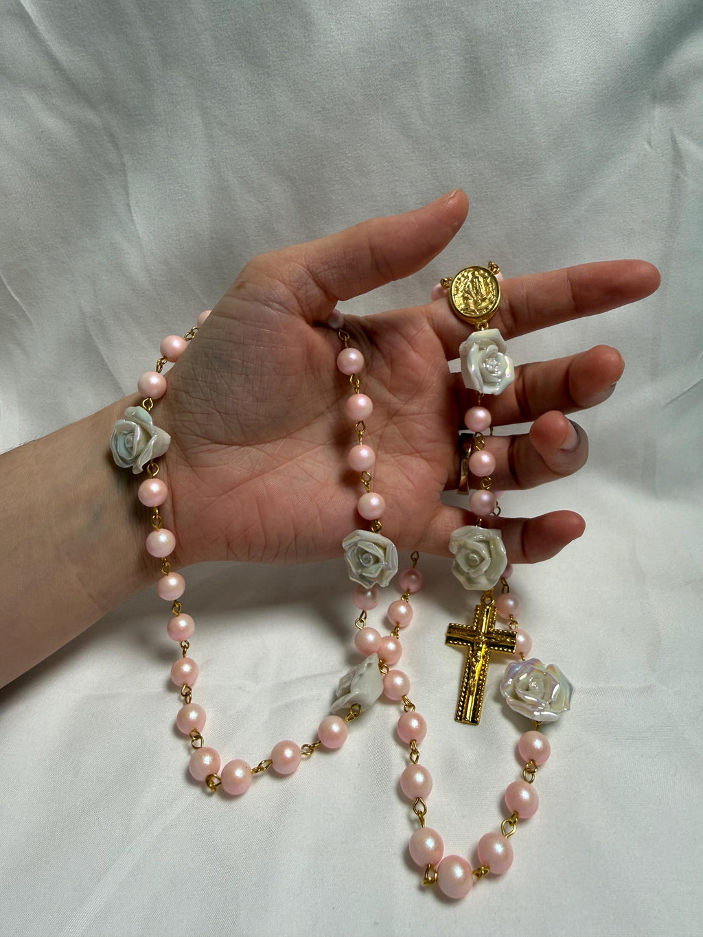 Pink Pearl and Rose Bead Marian Rosary detail view