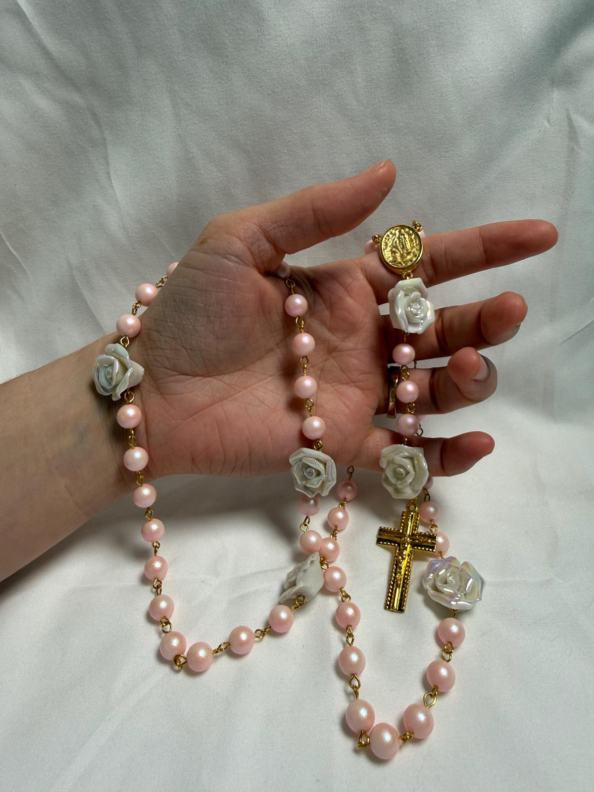 Pink Pearl and Rose Bead Marian Rosary detail view