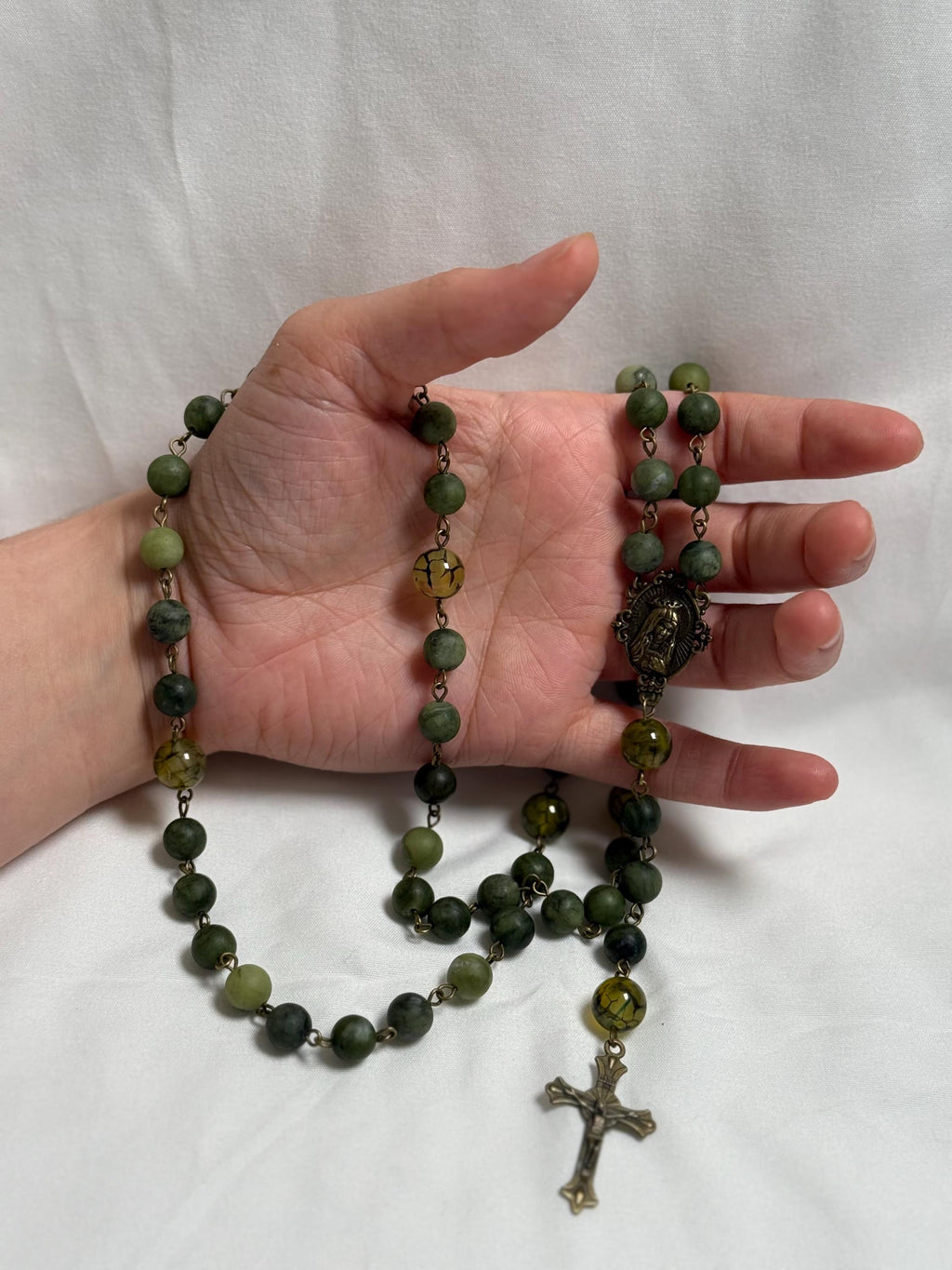 Green Jade Immaculate Heart Rosary detail view