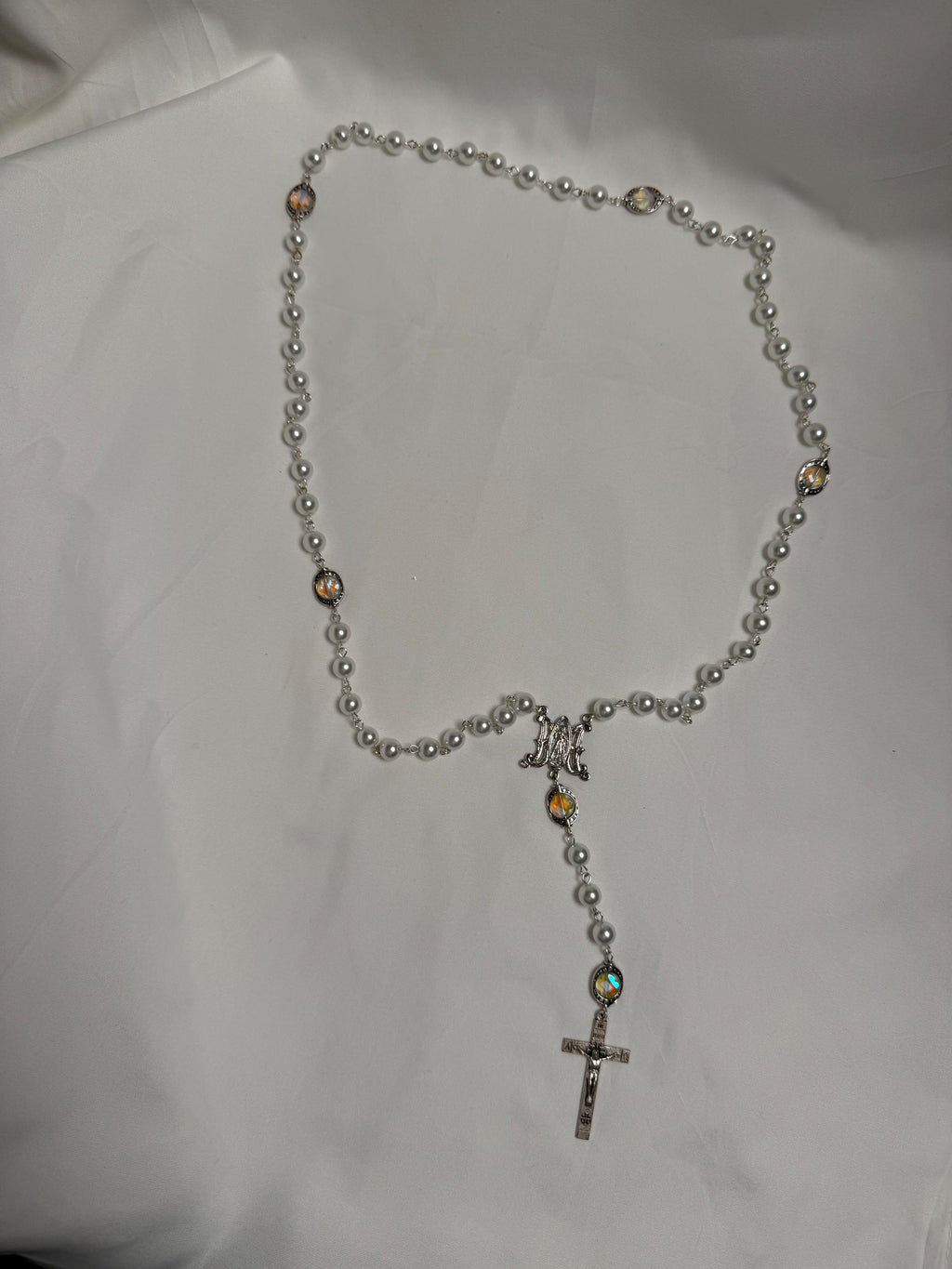 White Pearl Marian Rosary silver crucifix detail