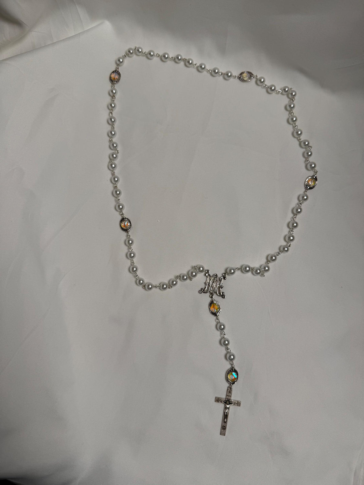 White Pearl Marian Rosary silver crucifix detail