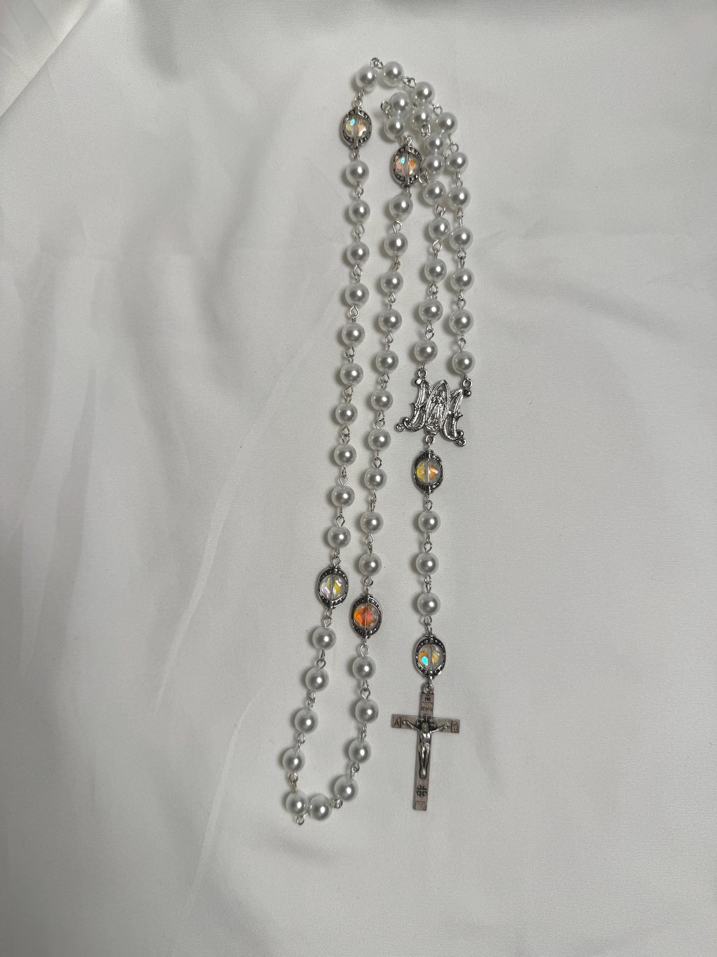 White Pearl Marian Rosary with aurora crystal accents and silver crucifix