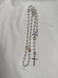 White Pearl Marian Rosary with aurora crystal accents and silver crucifix