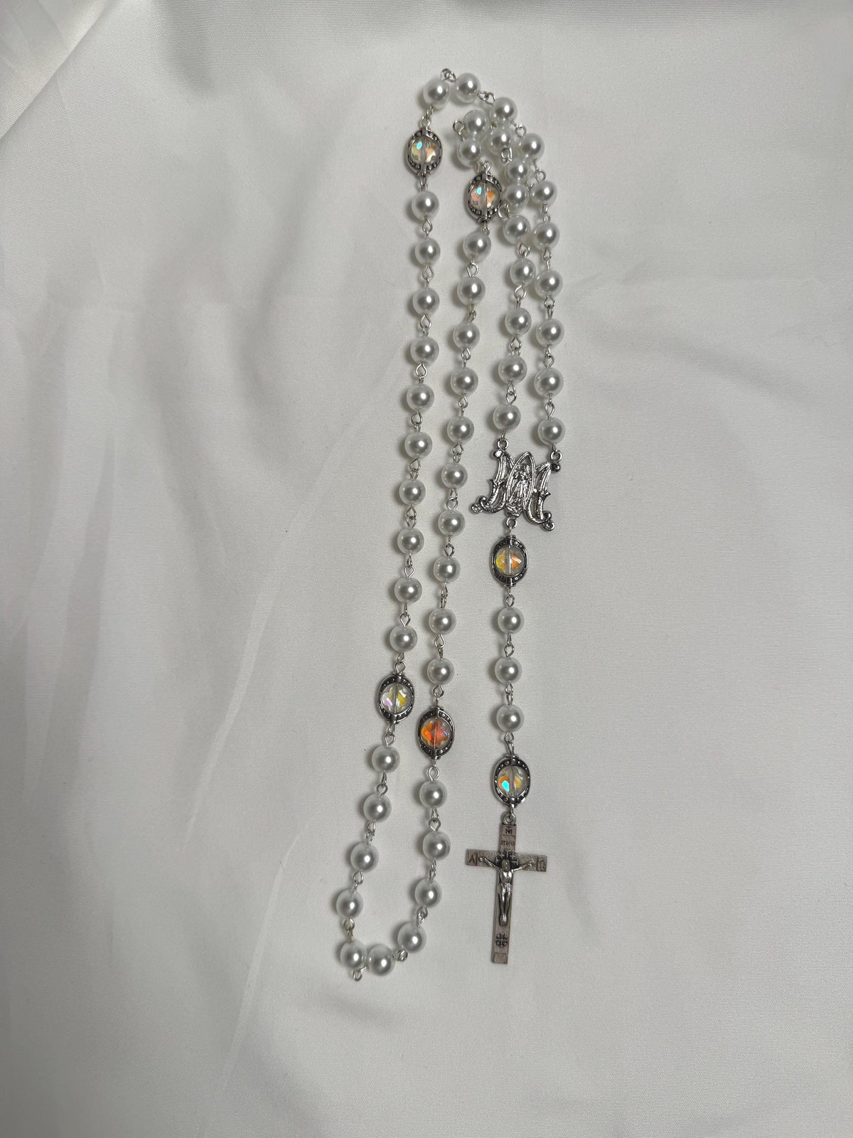 White Pearl Marian Rosary with aurora crystal accents and silver crucifix