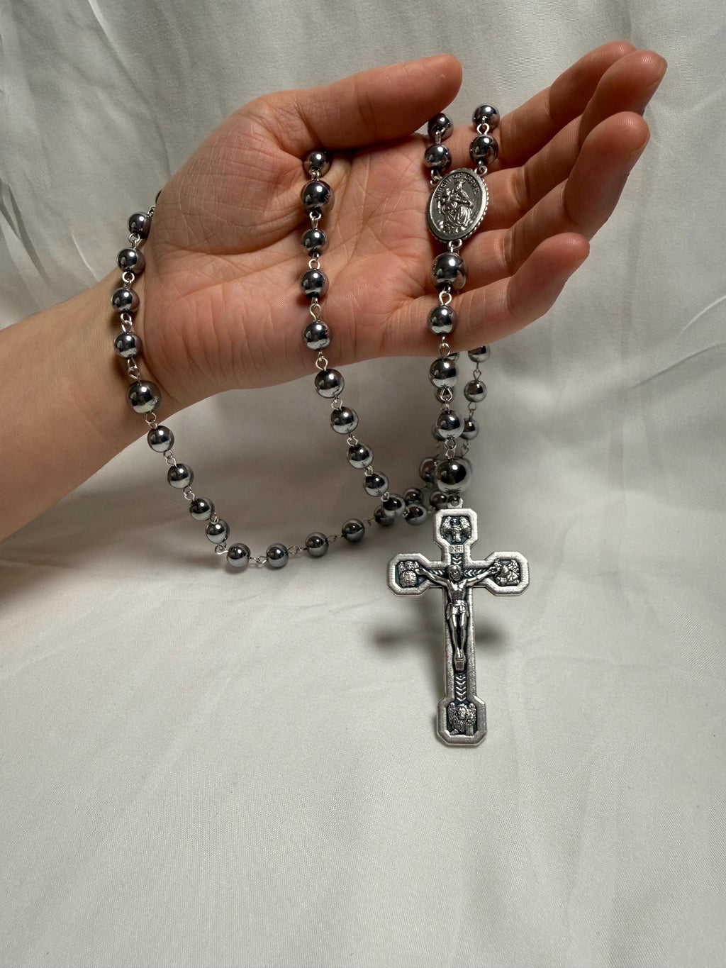 Black Hematite Stations of the Cross Rosary detail view