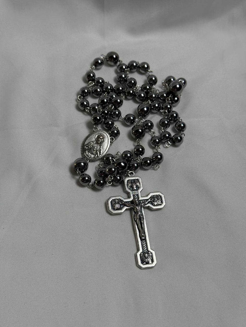 Black Hematite Miraculous Medal Rosary with Stations of the Cross crucifix