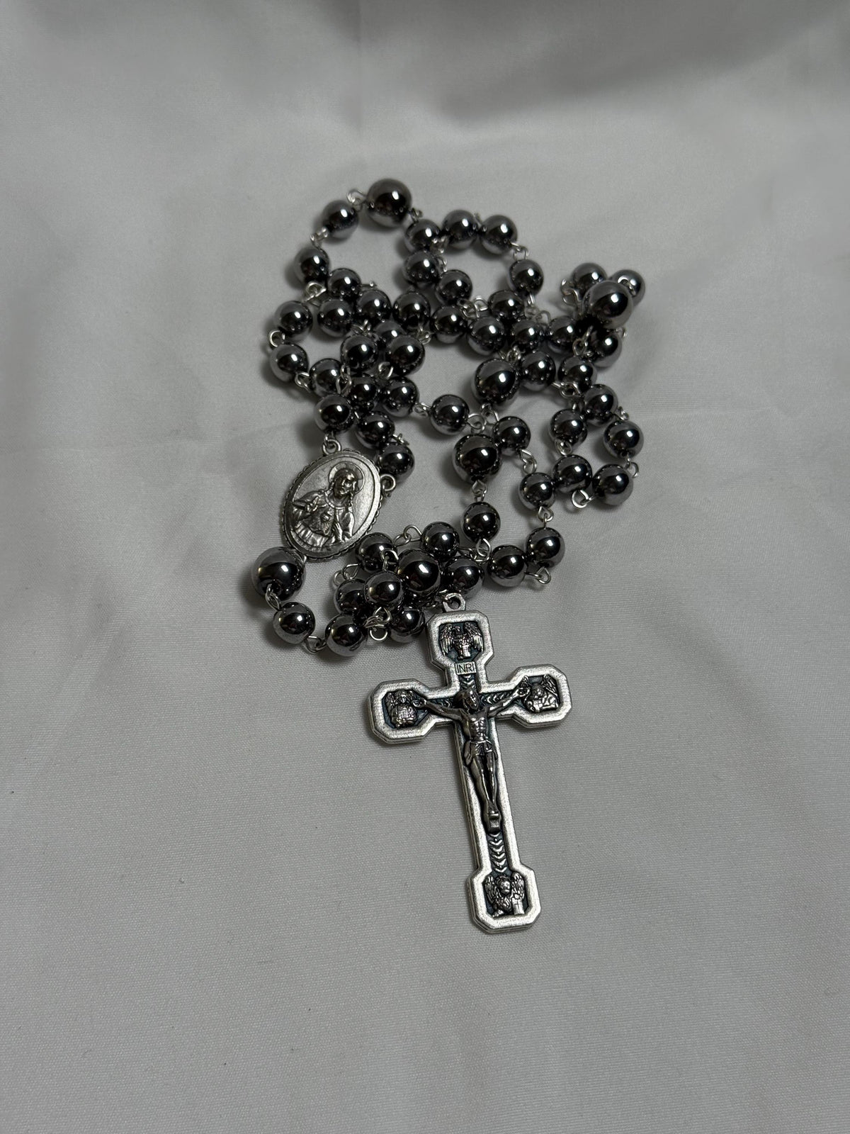 Black Hematite Miraculous Medal Rosary with Stations of the Cross crucifix