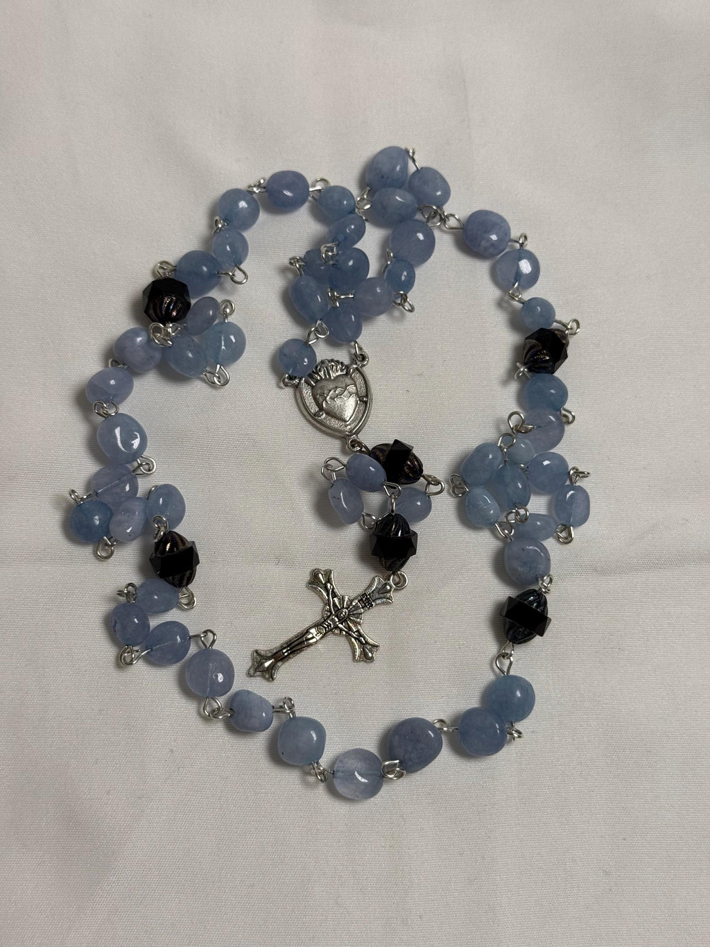 Light Blue Stone Sacred Heart Rosary with black crystal accents
