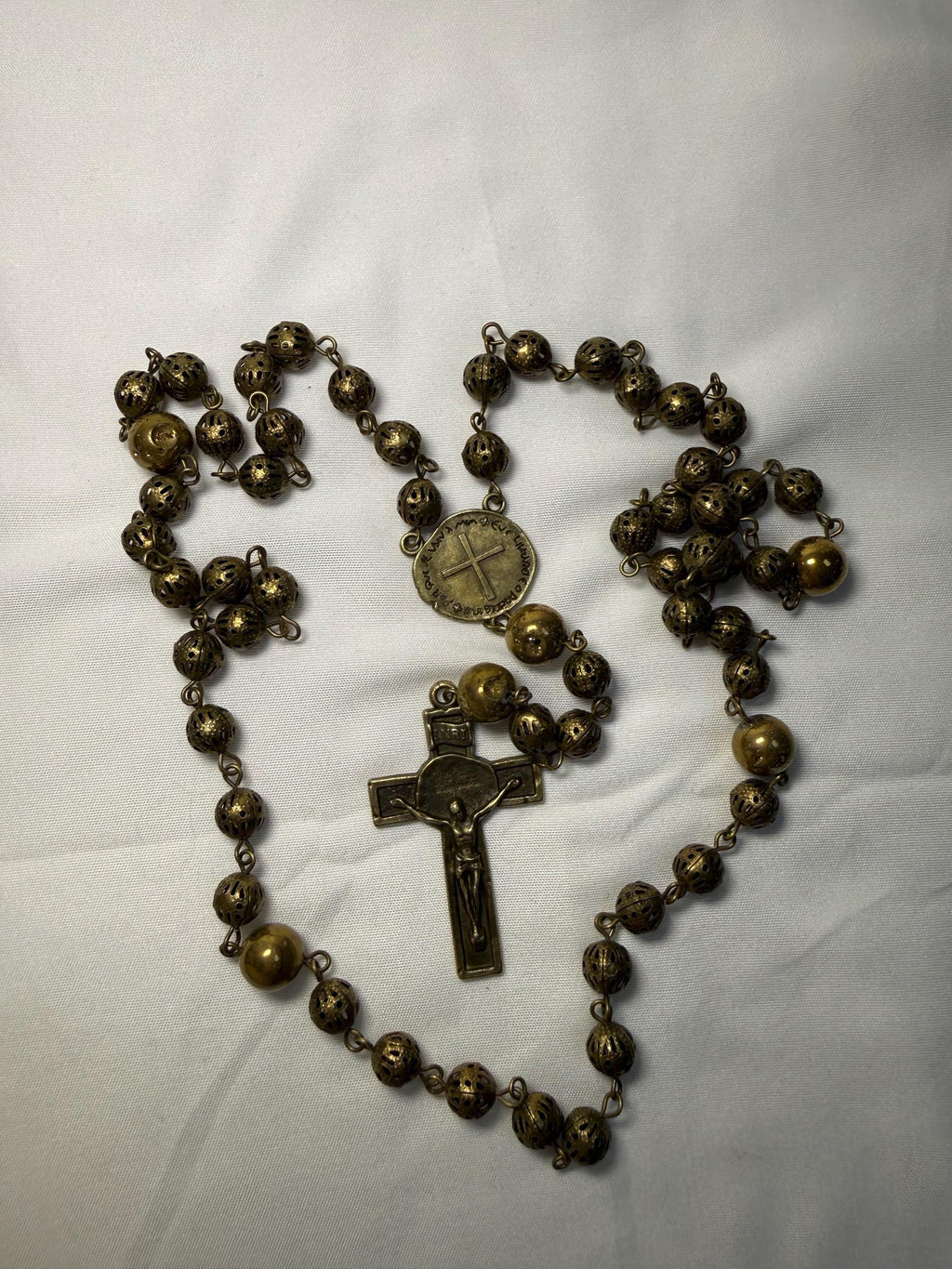 Antique Bronze 8mm Catholic Rosary with bronze crucifix and medal