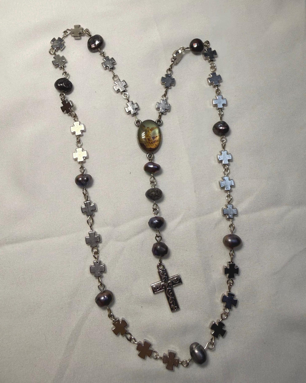 Silver Cross Beads and Black Pearl St. Michael Archangel Chaplet