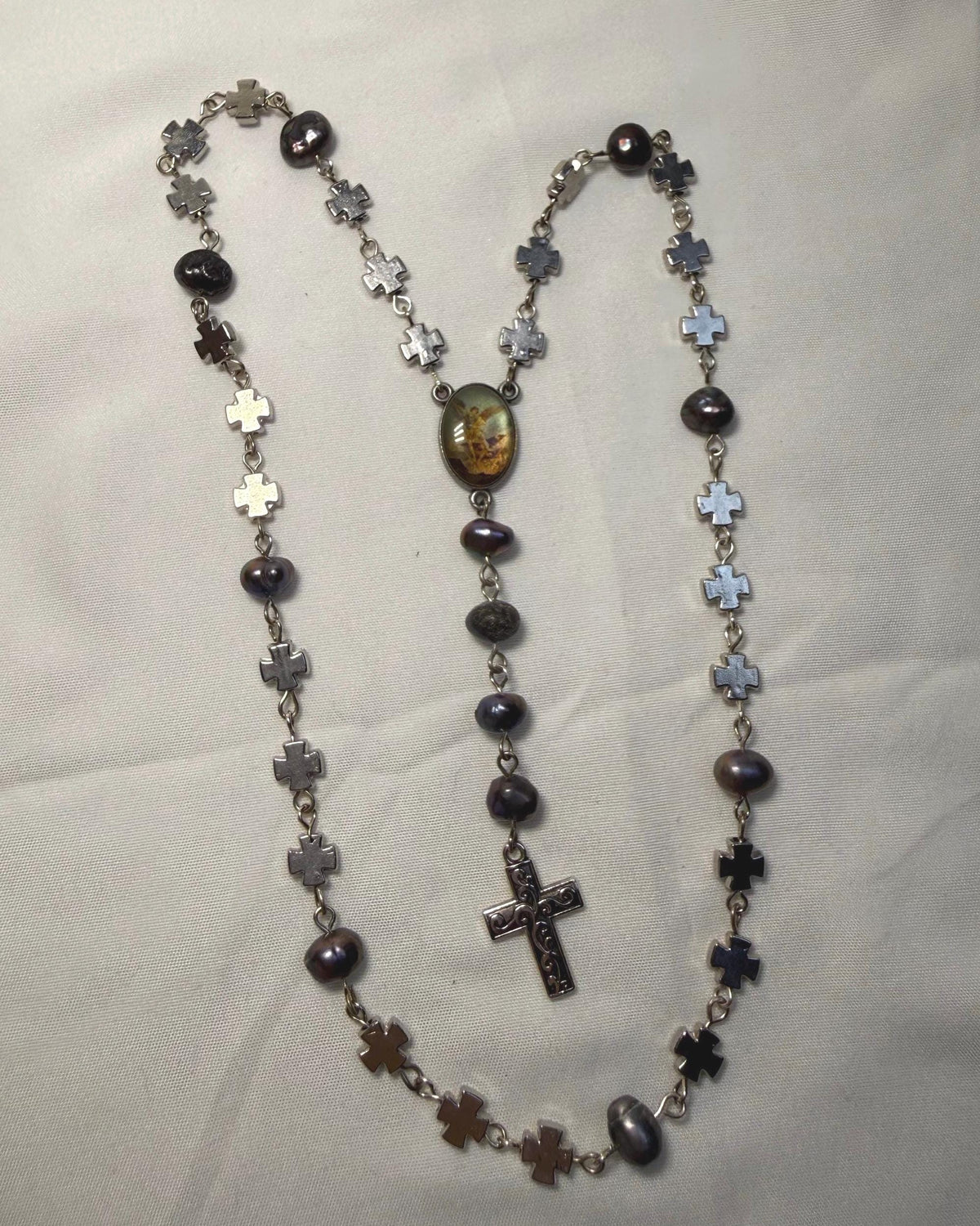 Silver Cross Beads and Black Pearl St. Michael Archangel Chaplet