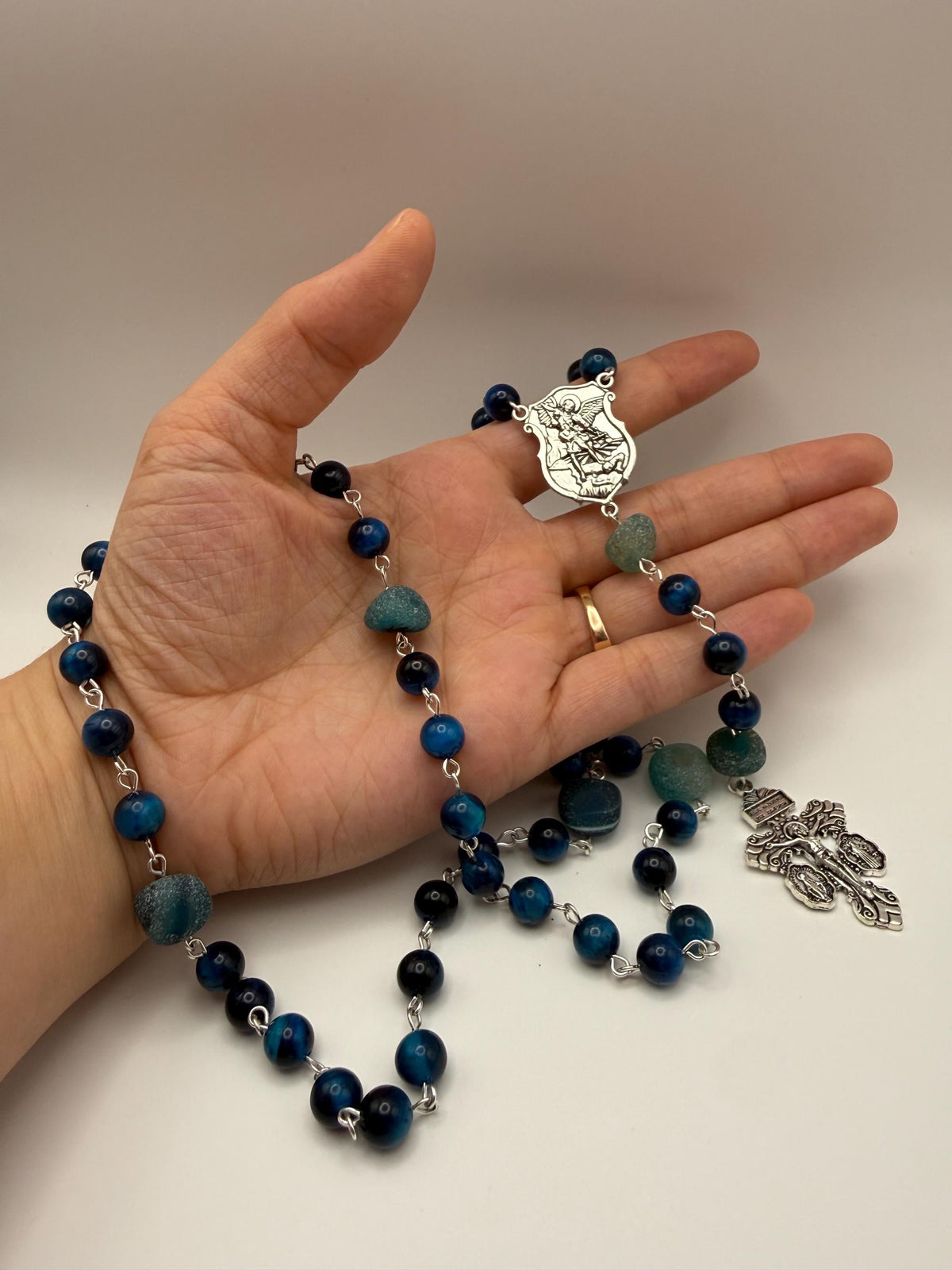 Blue Tiger Eye St. Michael Rosary alternate view
