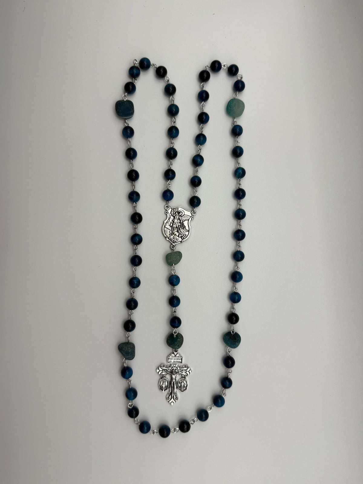 Blue Tiger Eye St. Michael Rosary detail view