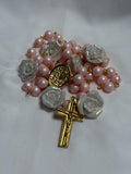 Pink Pearl and Rose Bead Gold Marian Rosary