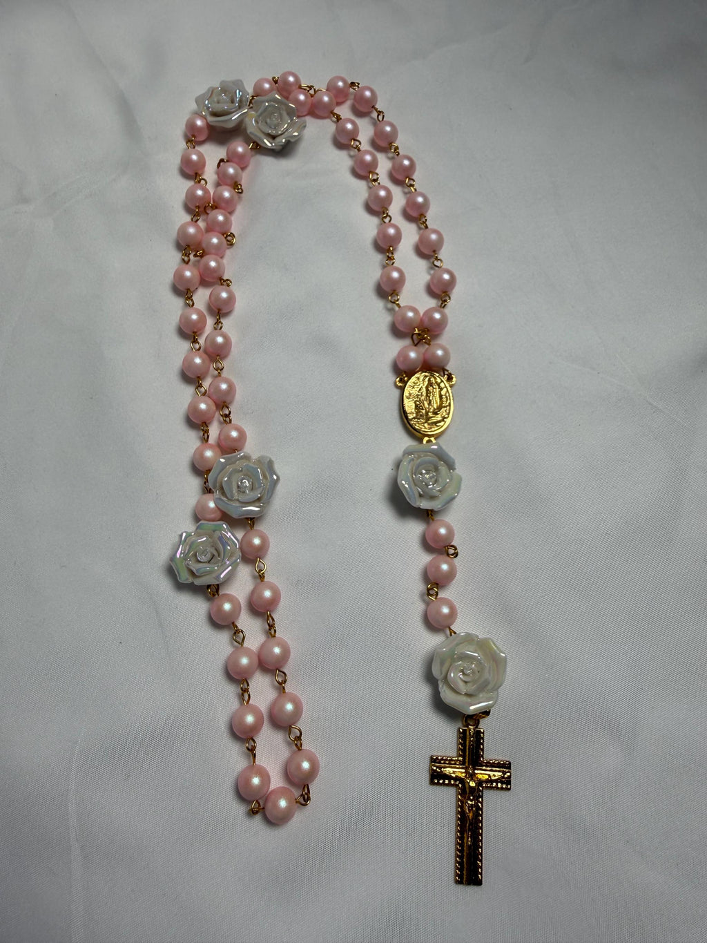 Pink Pearl and Rose Bead Marian Rosary additional view