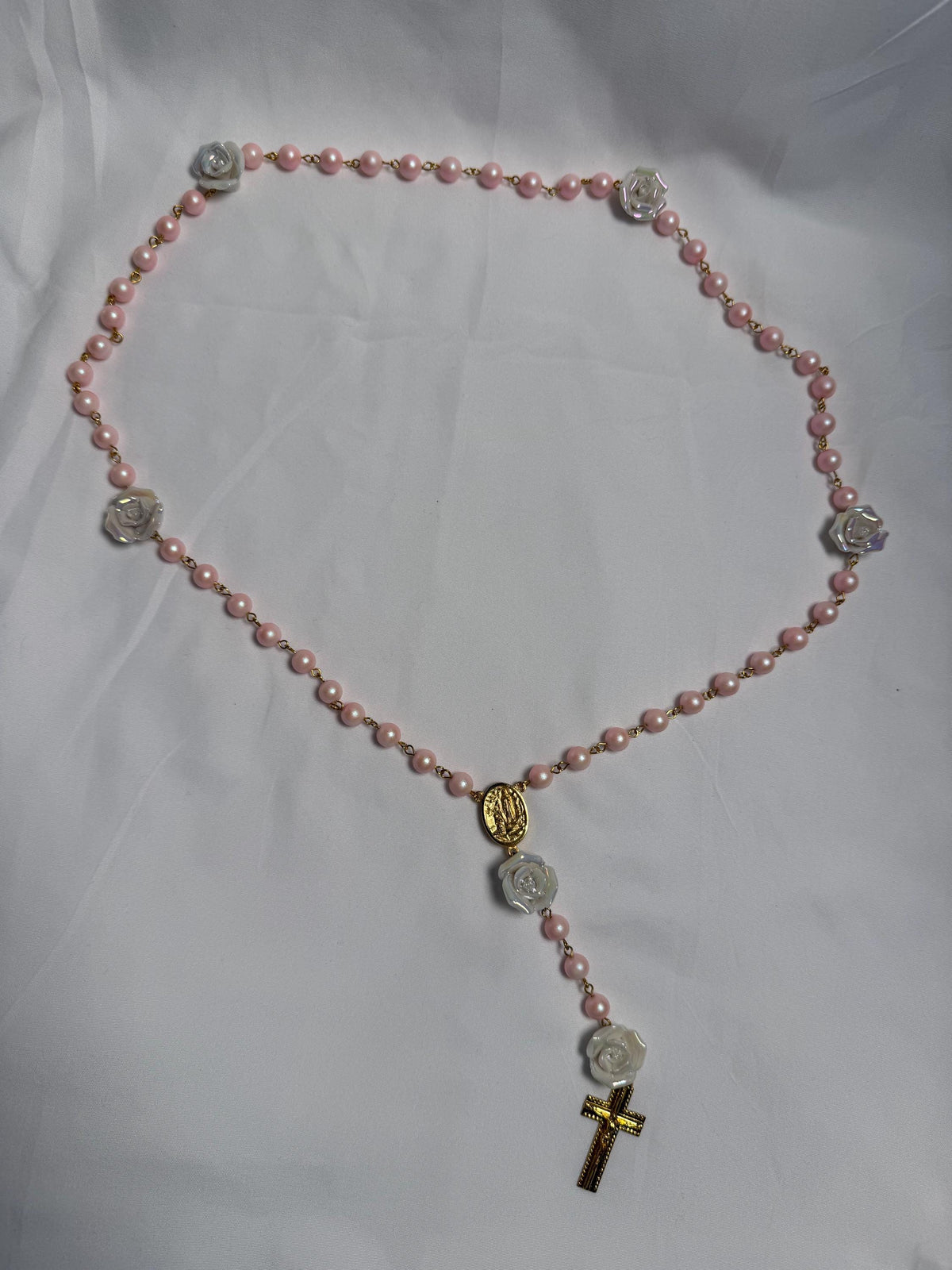 Pink Pearl and Rose Bead Marian Rosary alternate view