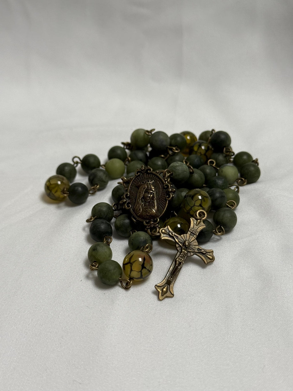 Green Jade and Agate Immaculate Heart Rosary with antique bronze details