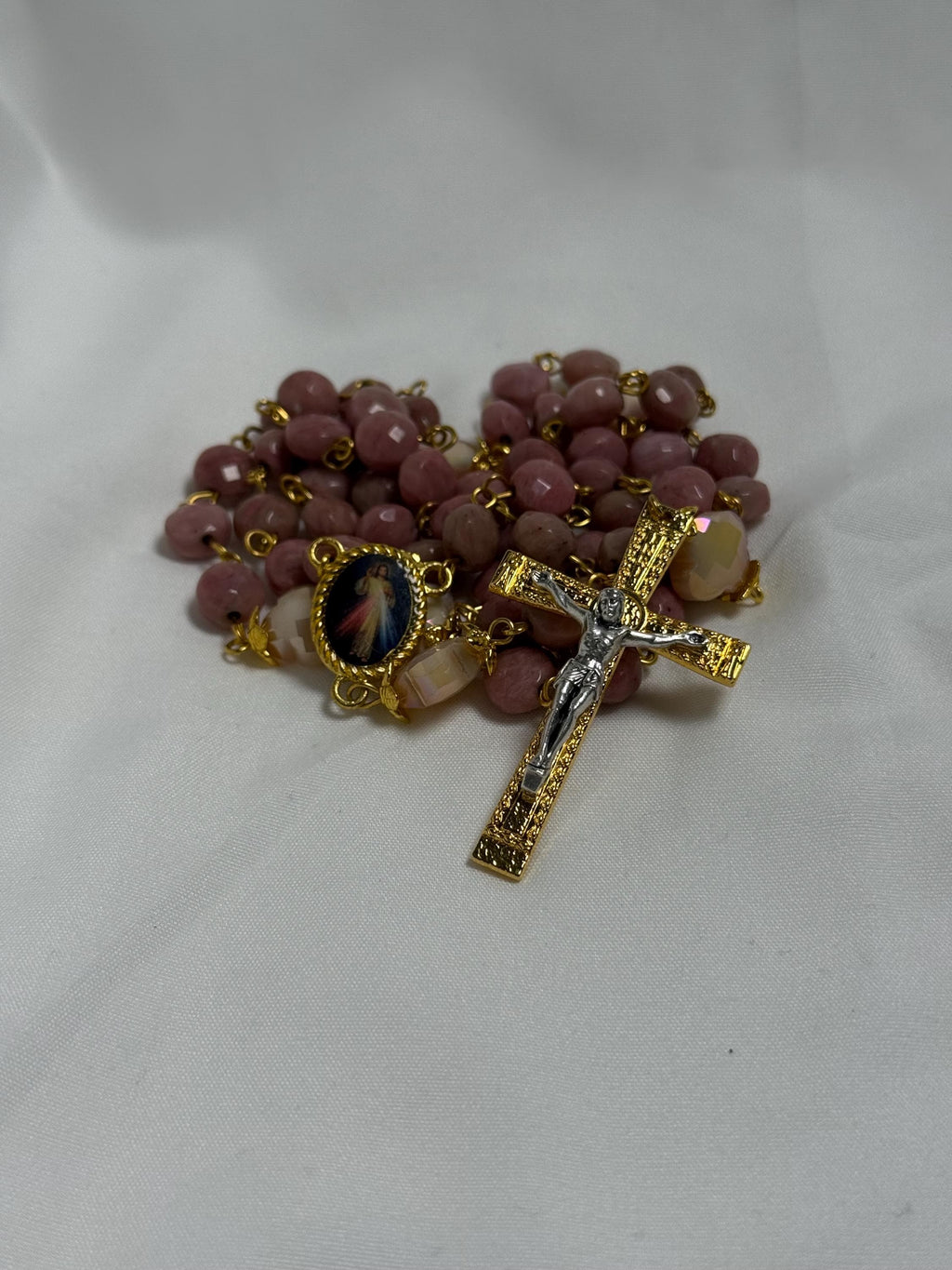 Pink Stone Divine Mercy Rosary with gold-tone crucifix