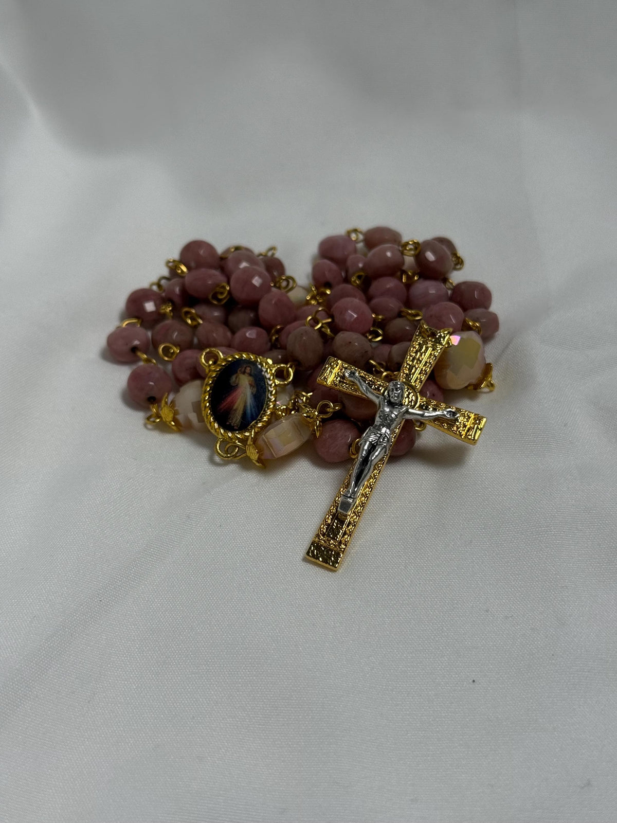 Pink Stone Divine Mercy Rosary with gold-tone crucifix