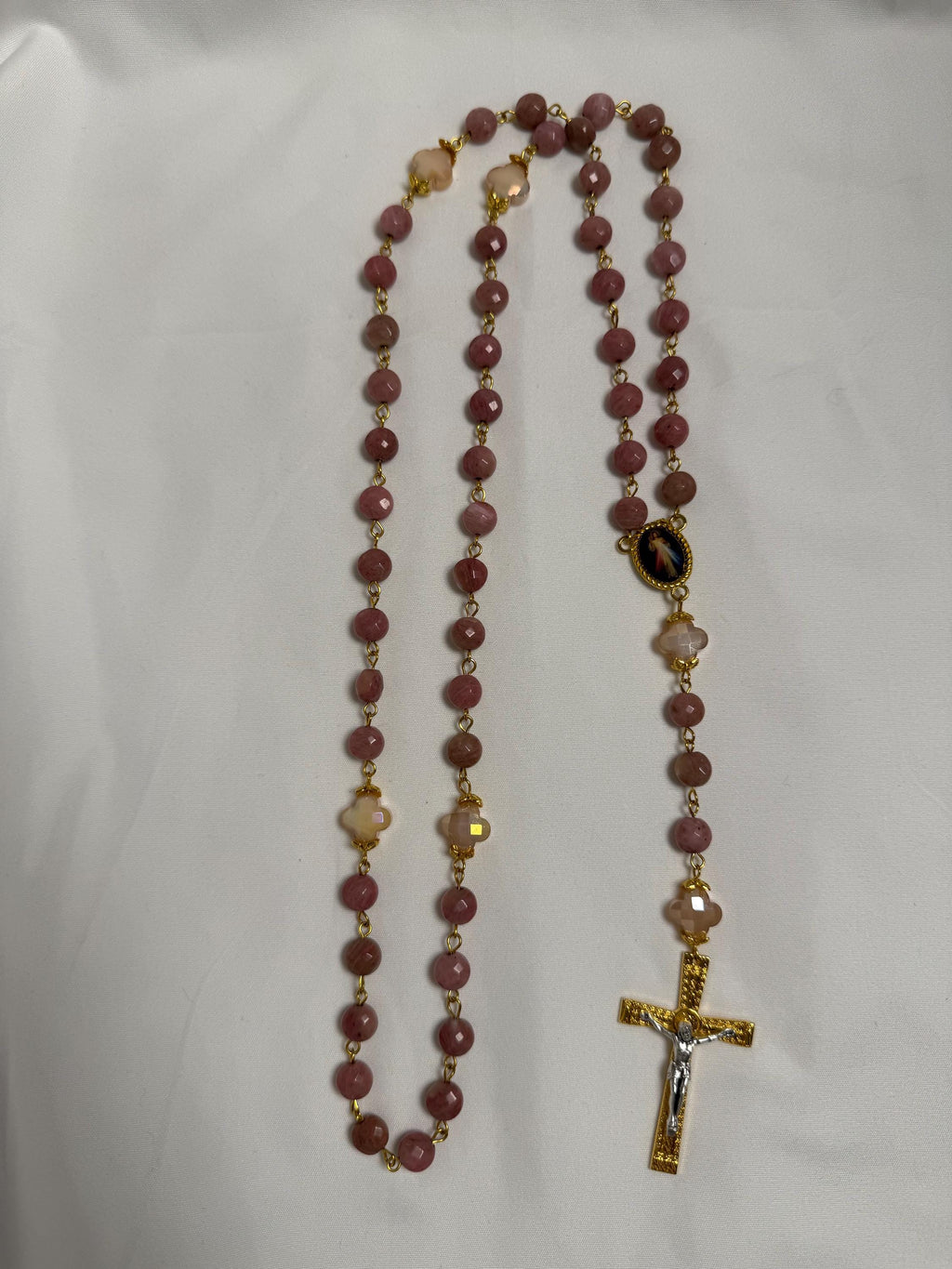 Pink Stone Divine Mercy Rosary detail view