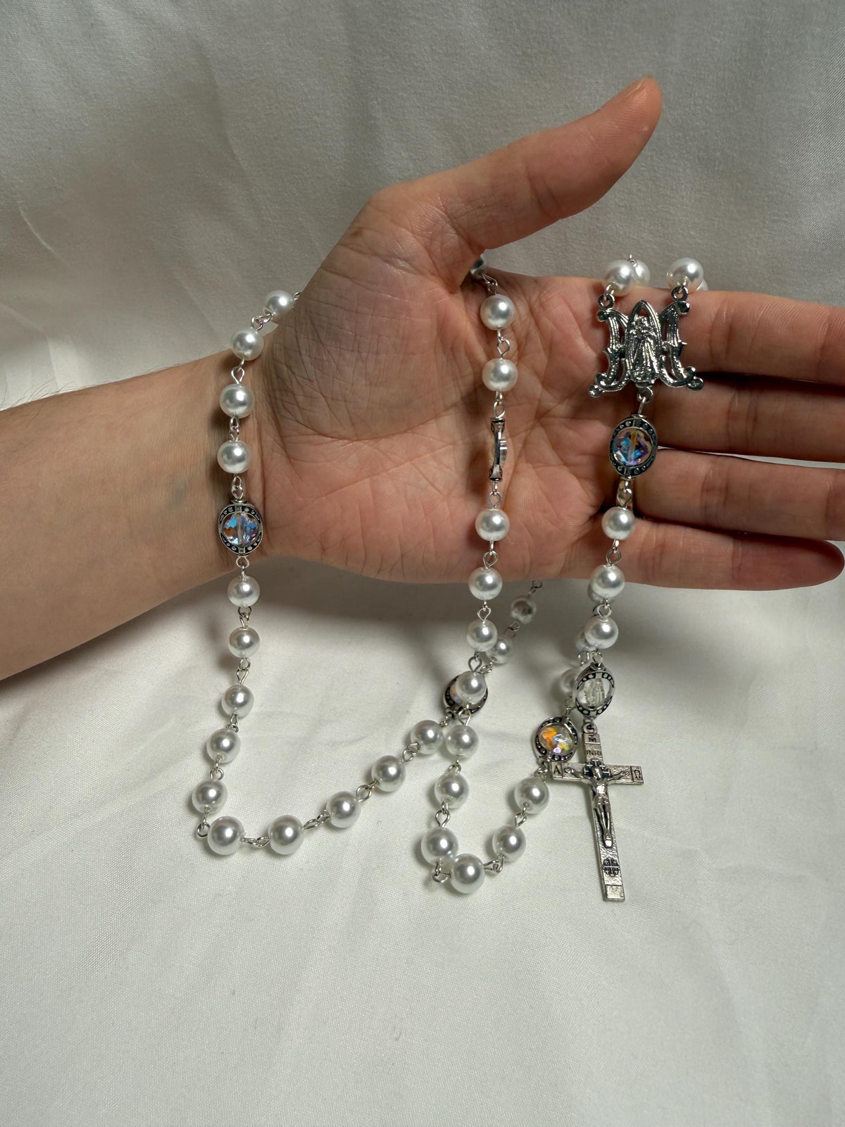 White Pearl Marian Rosary detail view