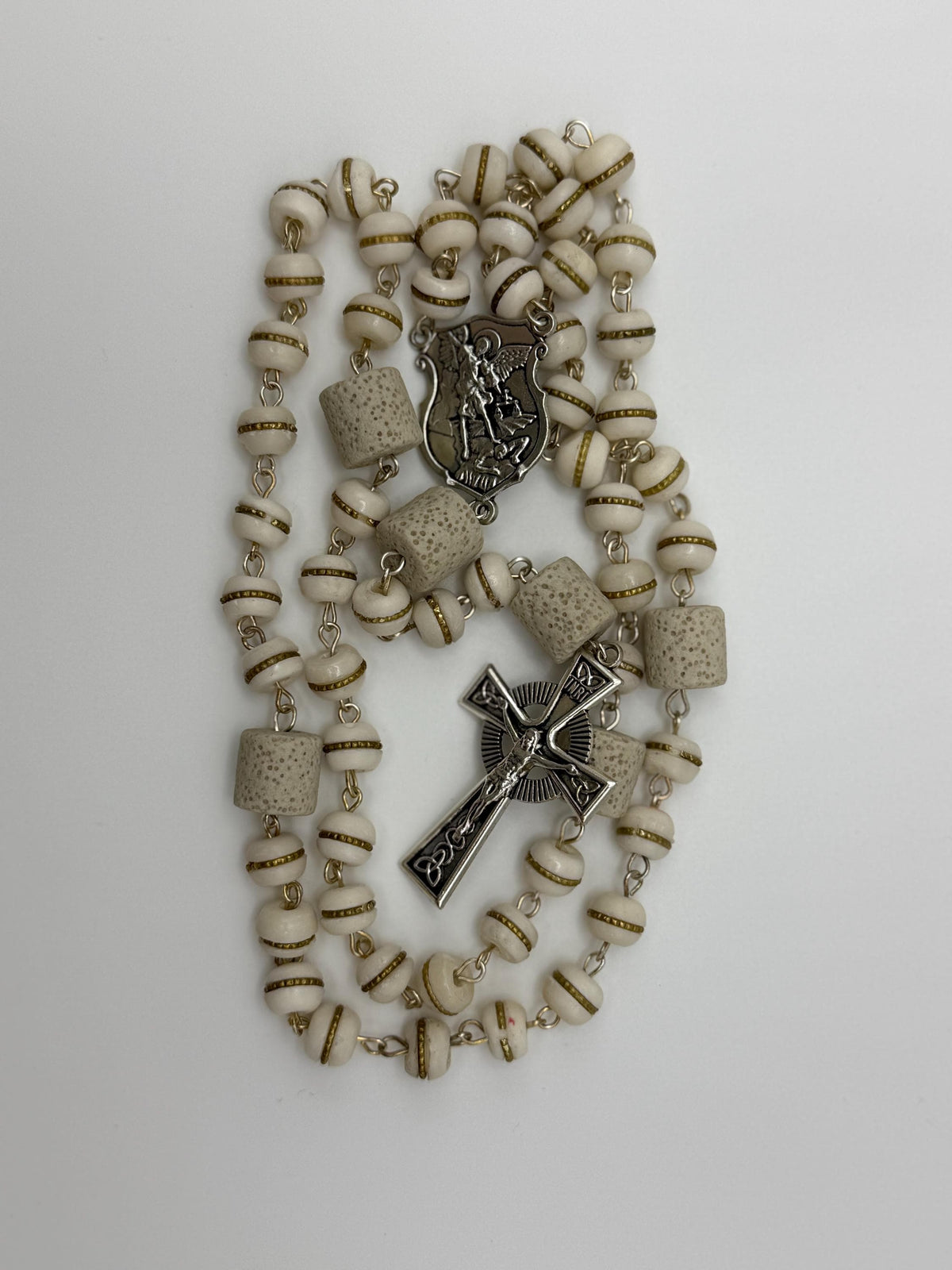 Cream Lava Stone St. Michael Rosary detail view