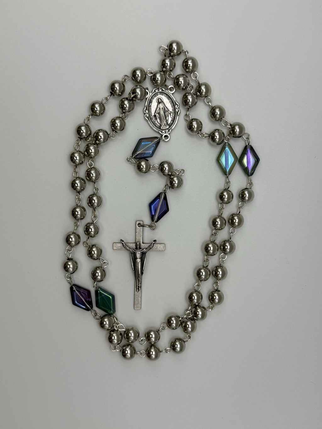 Silver Miraculous Medal Rosary with iridescent crystal accents