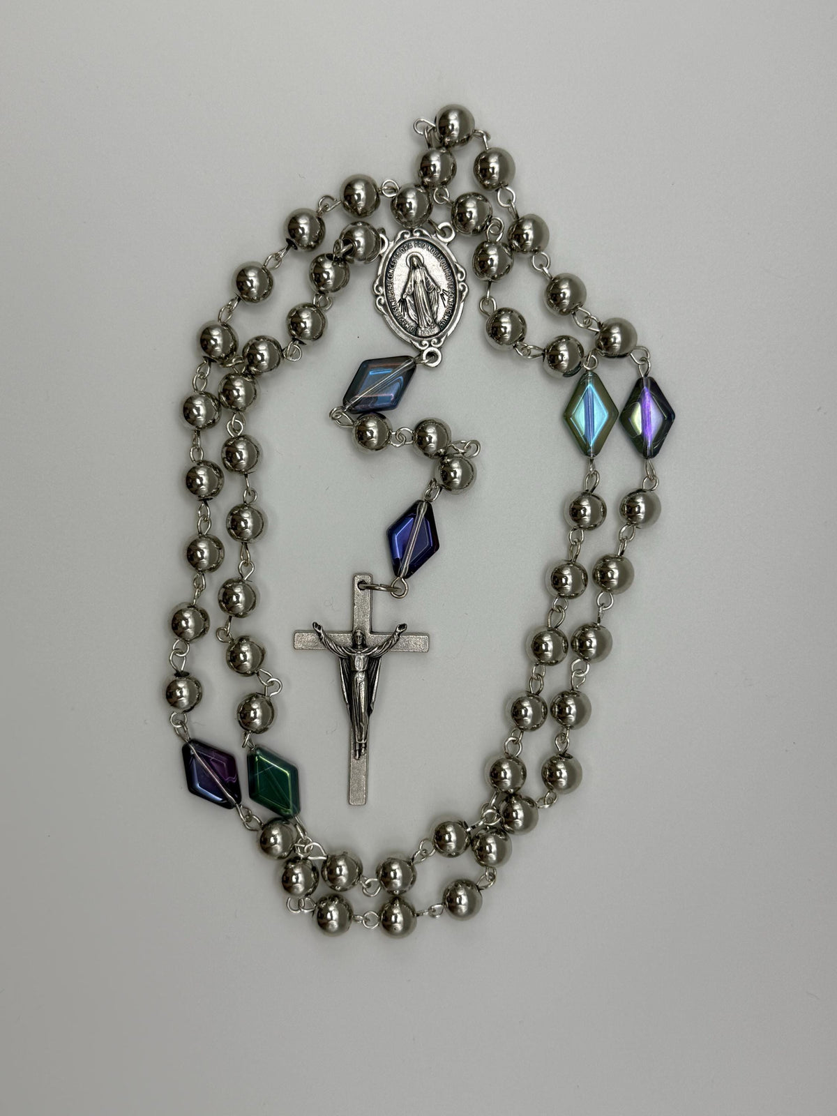Silver Miraculous Medal Rosary with iridescent crystal accents