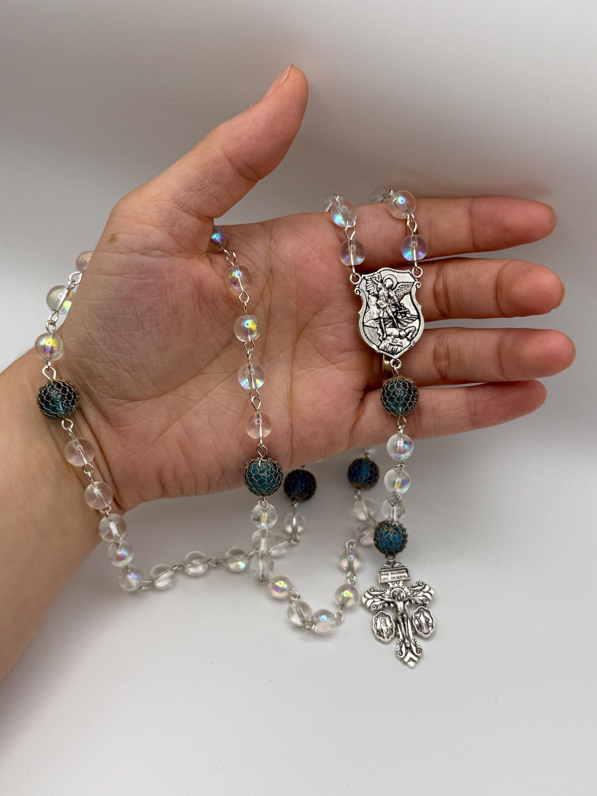Clear Aurora Crystal St. Michael Rosary with Pardon Crucifix