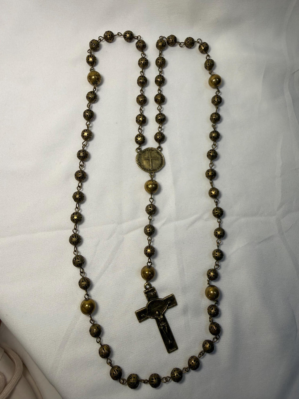 Antique Bronze 8mm Catholic Rosary detail view