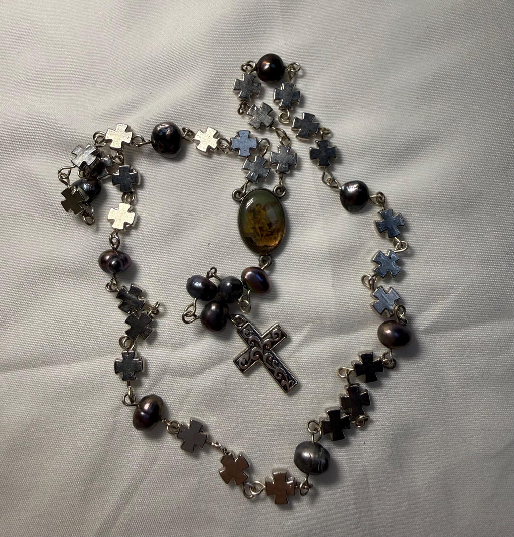 St. Michael black pearl chaplet detail view