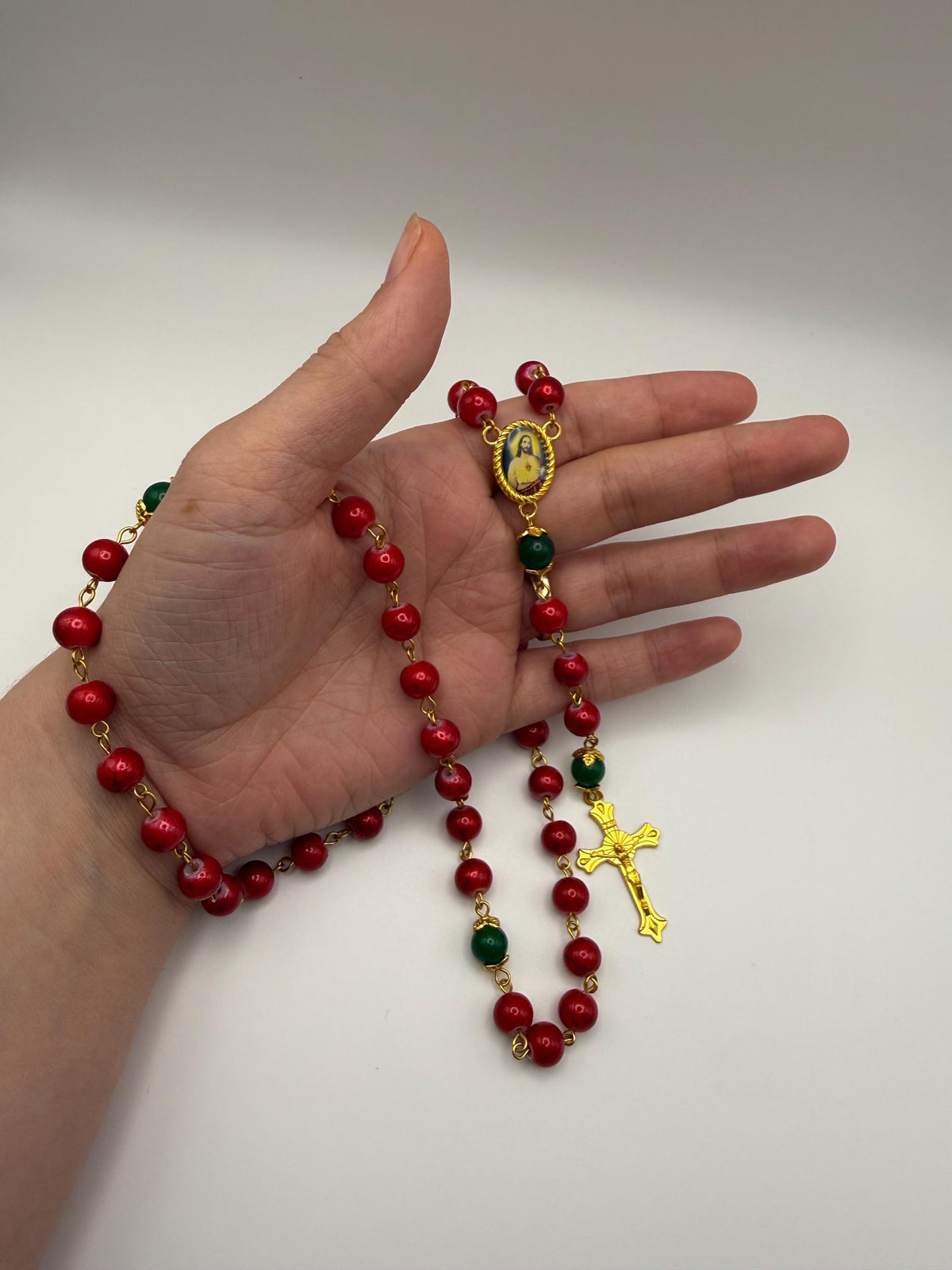 Red and Green Sacred Heart Rosary detail view