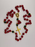 Red and Green Sacred Heart Rosary with gold-tone details