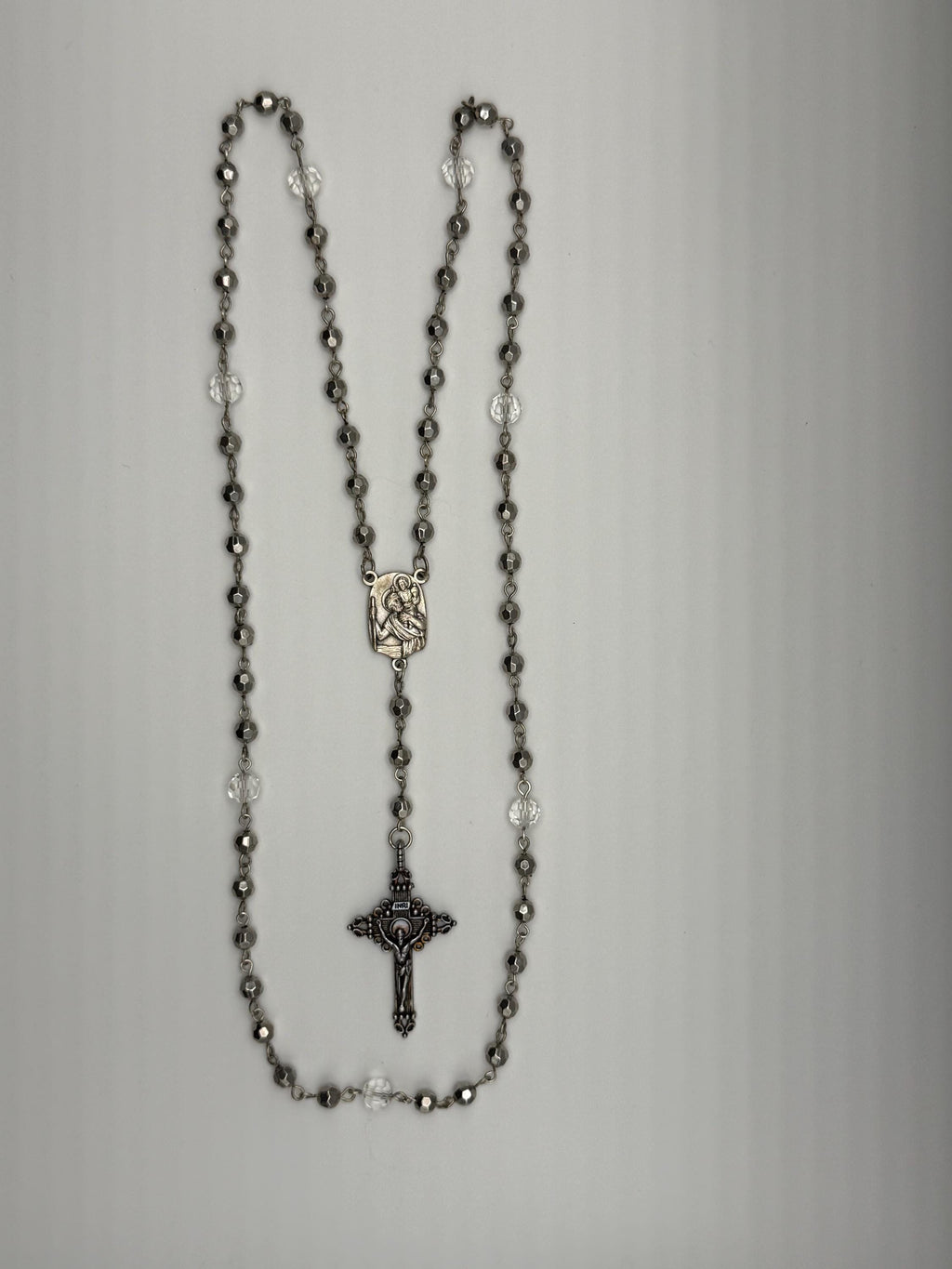 St. Christopher Silver Crystal Rosary for Catholic travel prayer