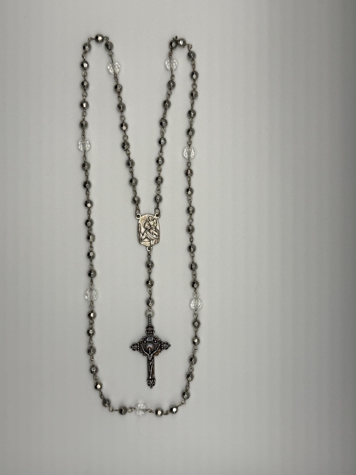 St. Christopher Silver Crystal Rosary for Catholic travel prayer