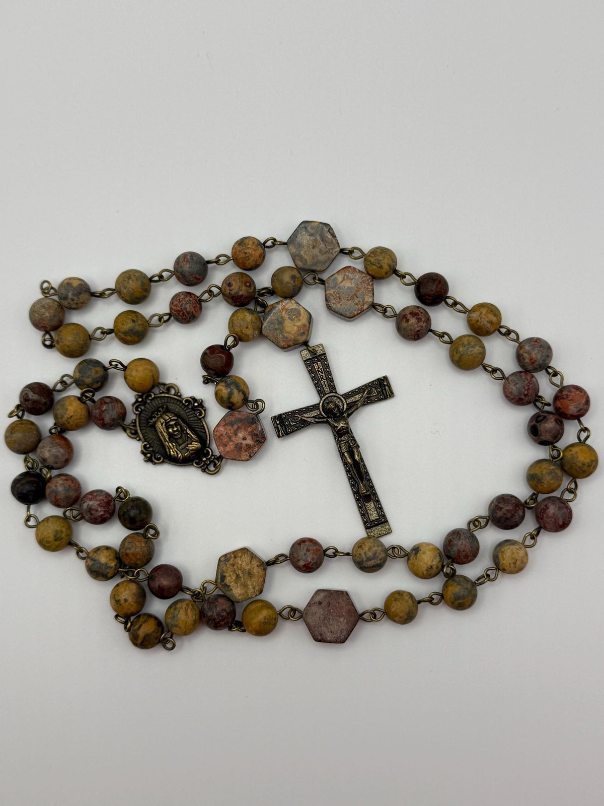 Earth-Tone Jasper Immaculate Heart Rosary with antique bronze details