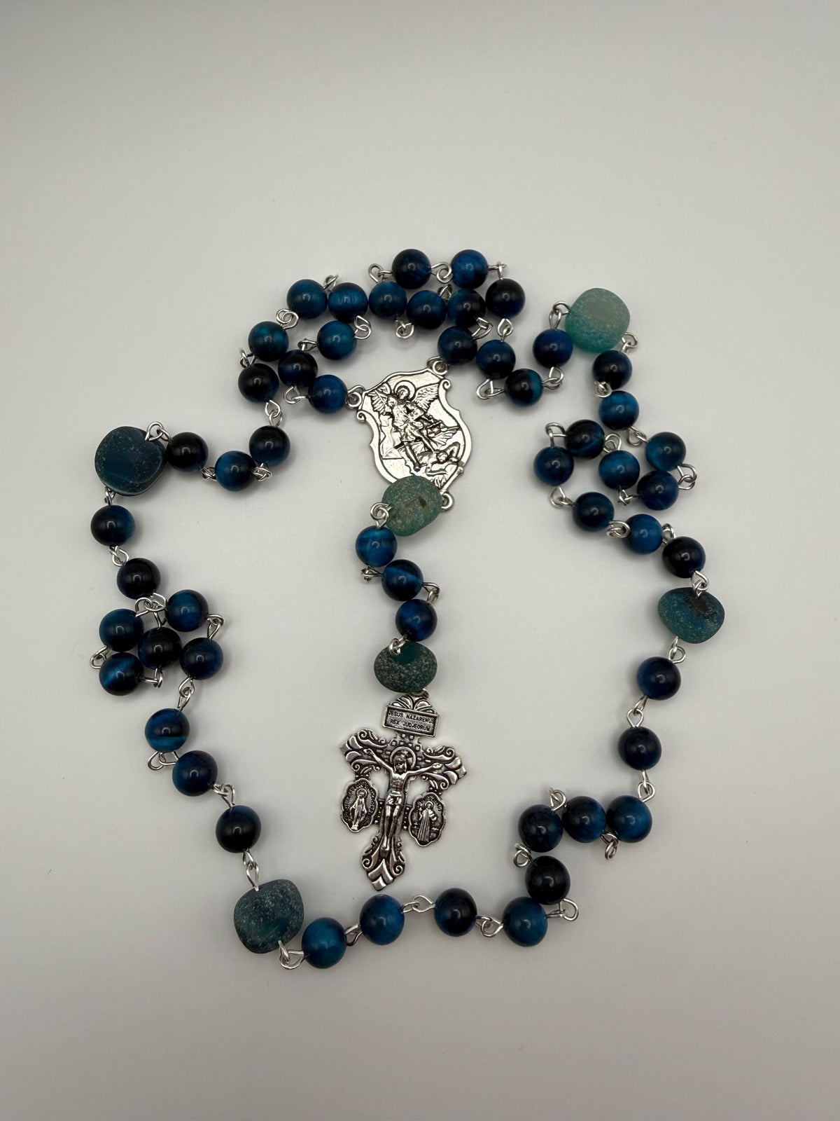 Blue Tiger Eye St. Michael Rosary with green druzy accents and Pardon Crucifix
