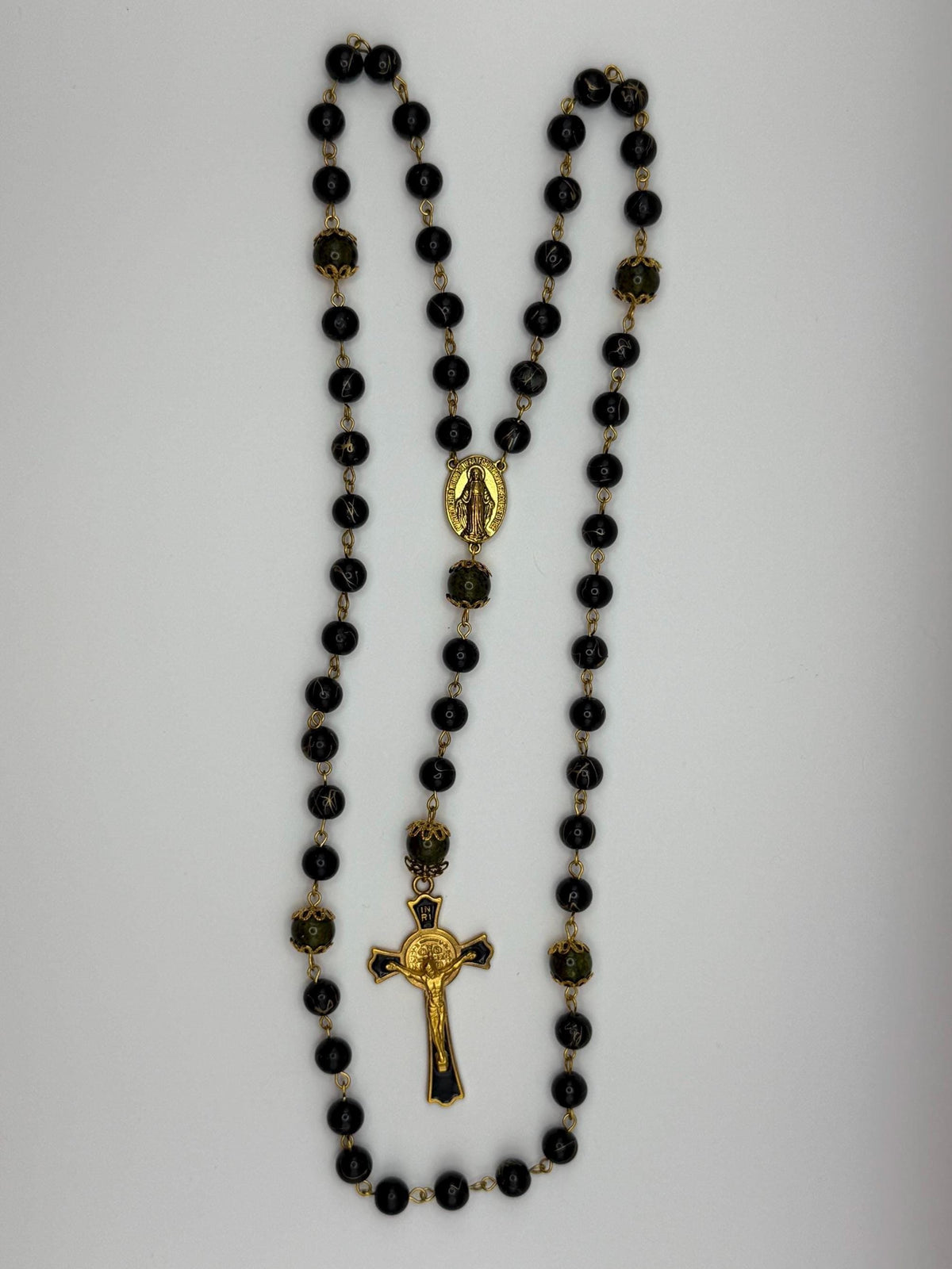 Black and Gold St. Benedict Rosary devotional detail