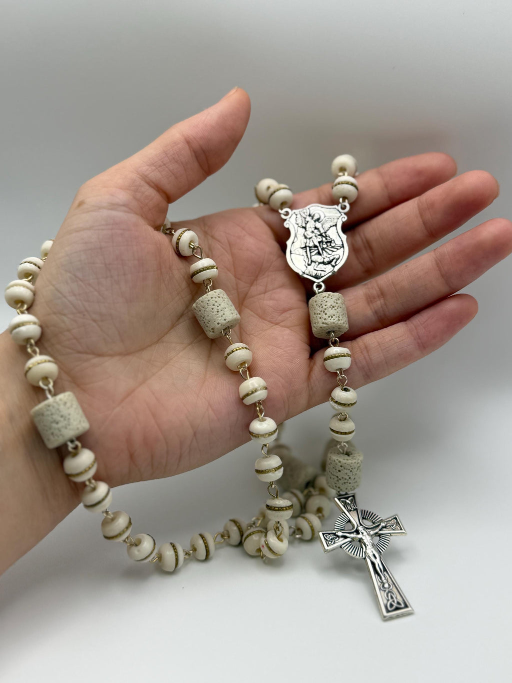 Cream Lava Stone St. Michael Rosary with silver-tone crucifix